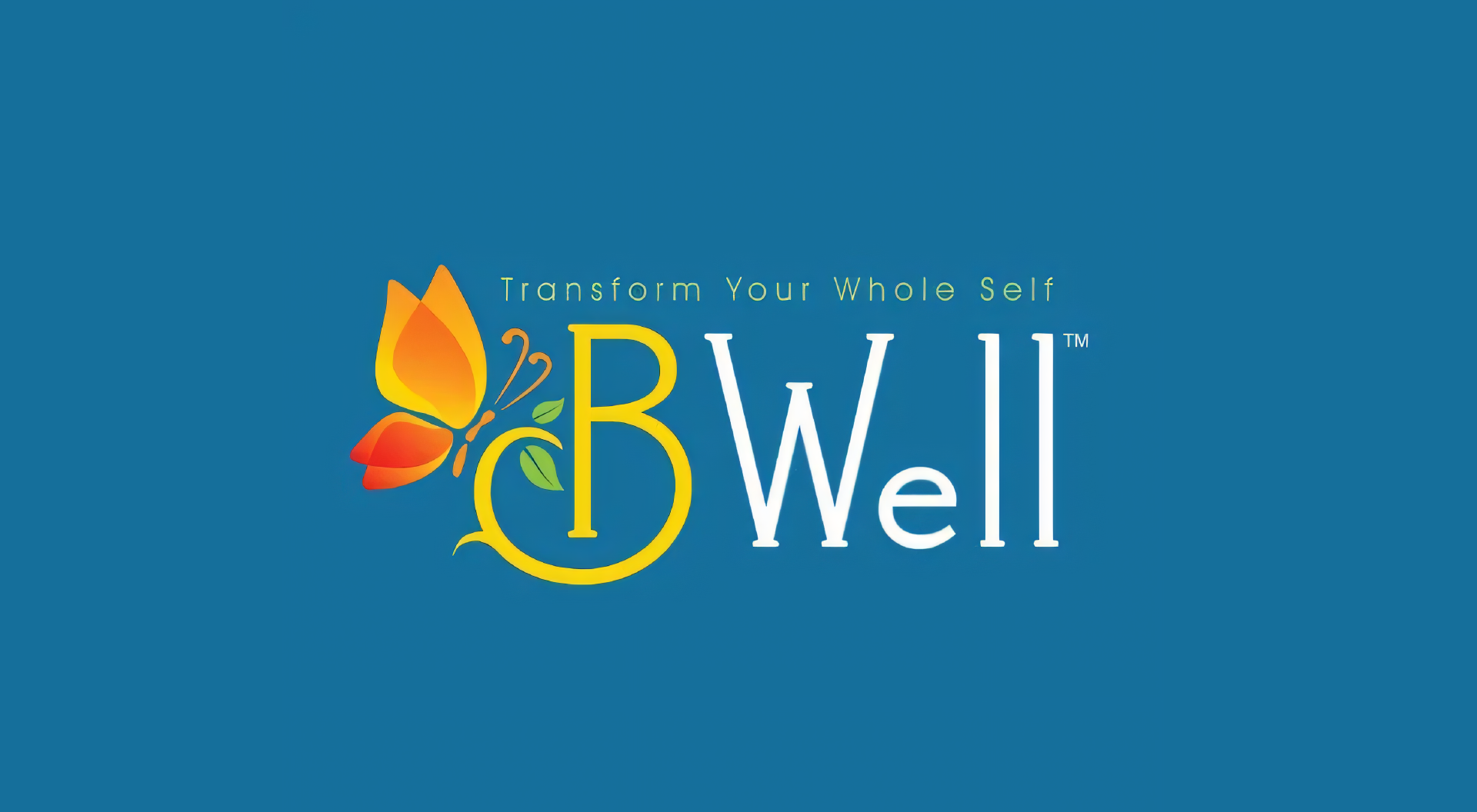 A logo for bwell with a butterfly on a blue background