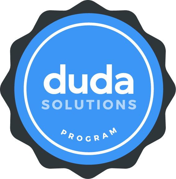 A blue and white logo for duda solutions program