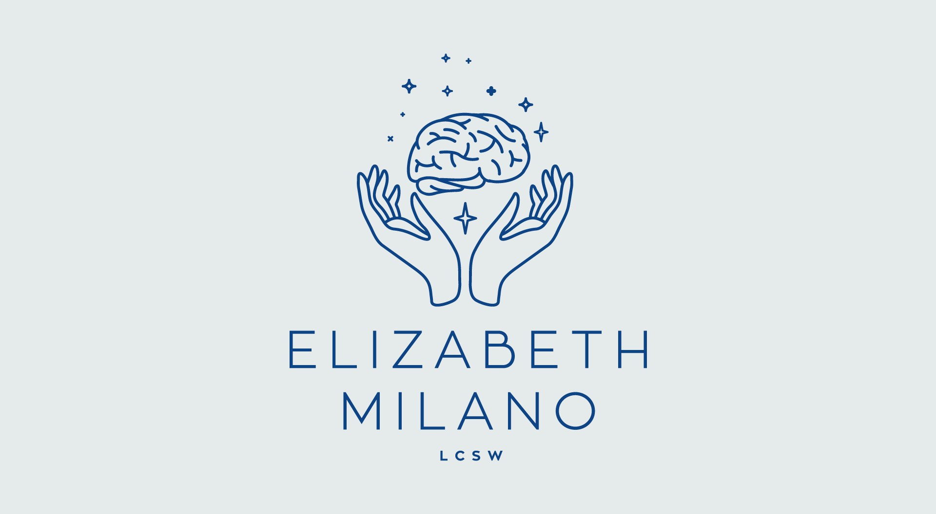 A logo for elizabeth milano with two hands holding a brain.