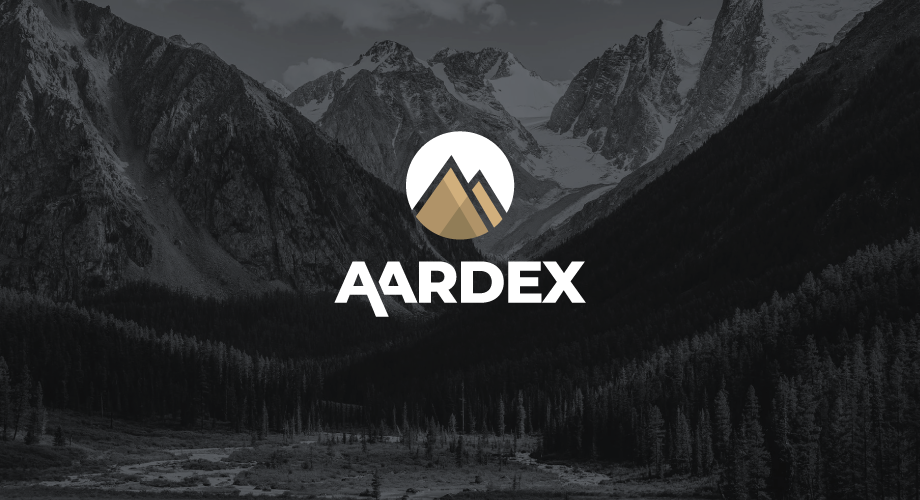 A black and white photo of a mountain range with the aardex logo in the foreground