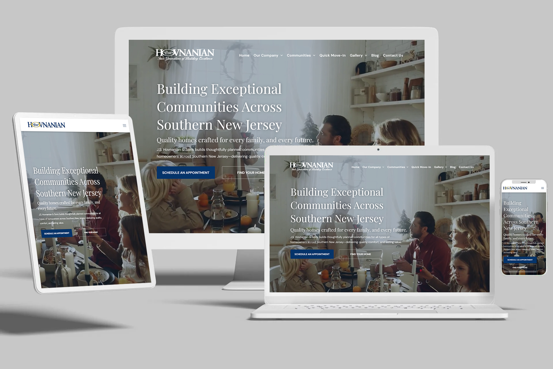 Mockup of a website design displayed across a computer monitor, laptop, tablet, and smartphone on a gray background.