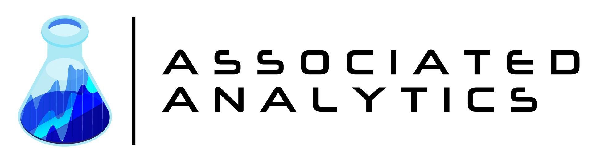 A logo for associated analytics with a beaker and mountains in the background.