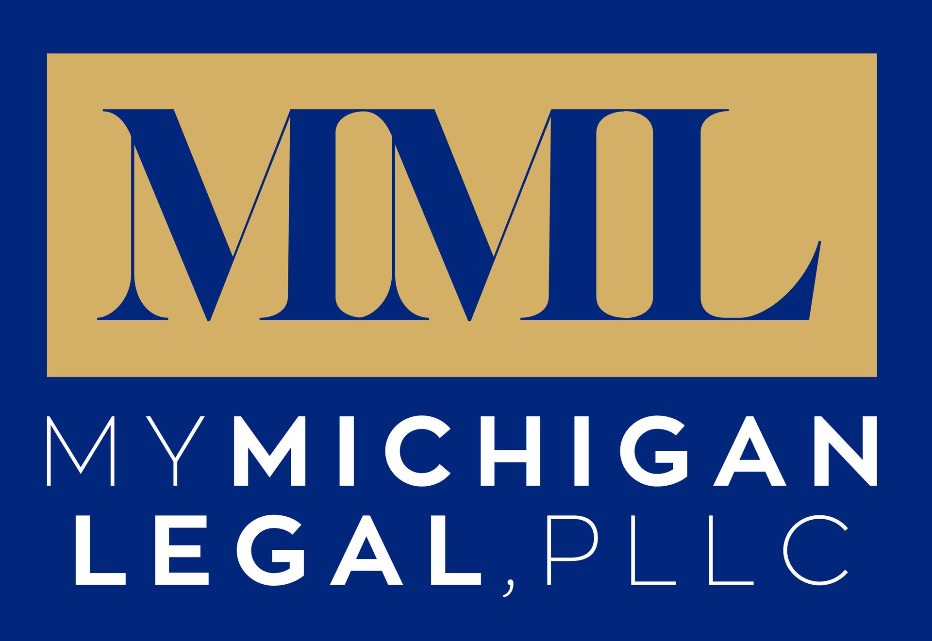 The logo for my michigan legal pllc is blue and gold