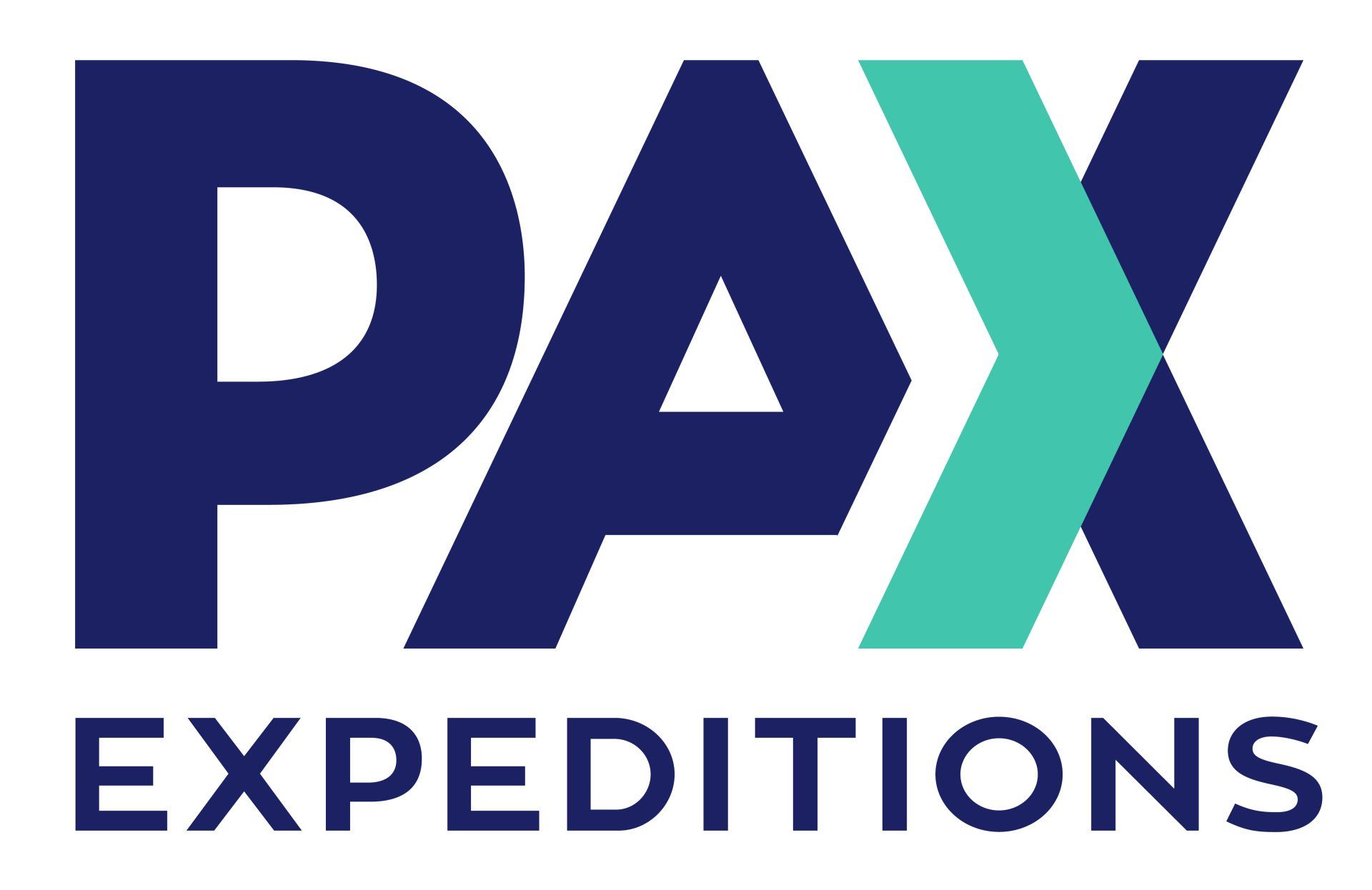 The logo for pax expeditions is blue and green.