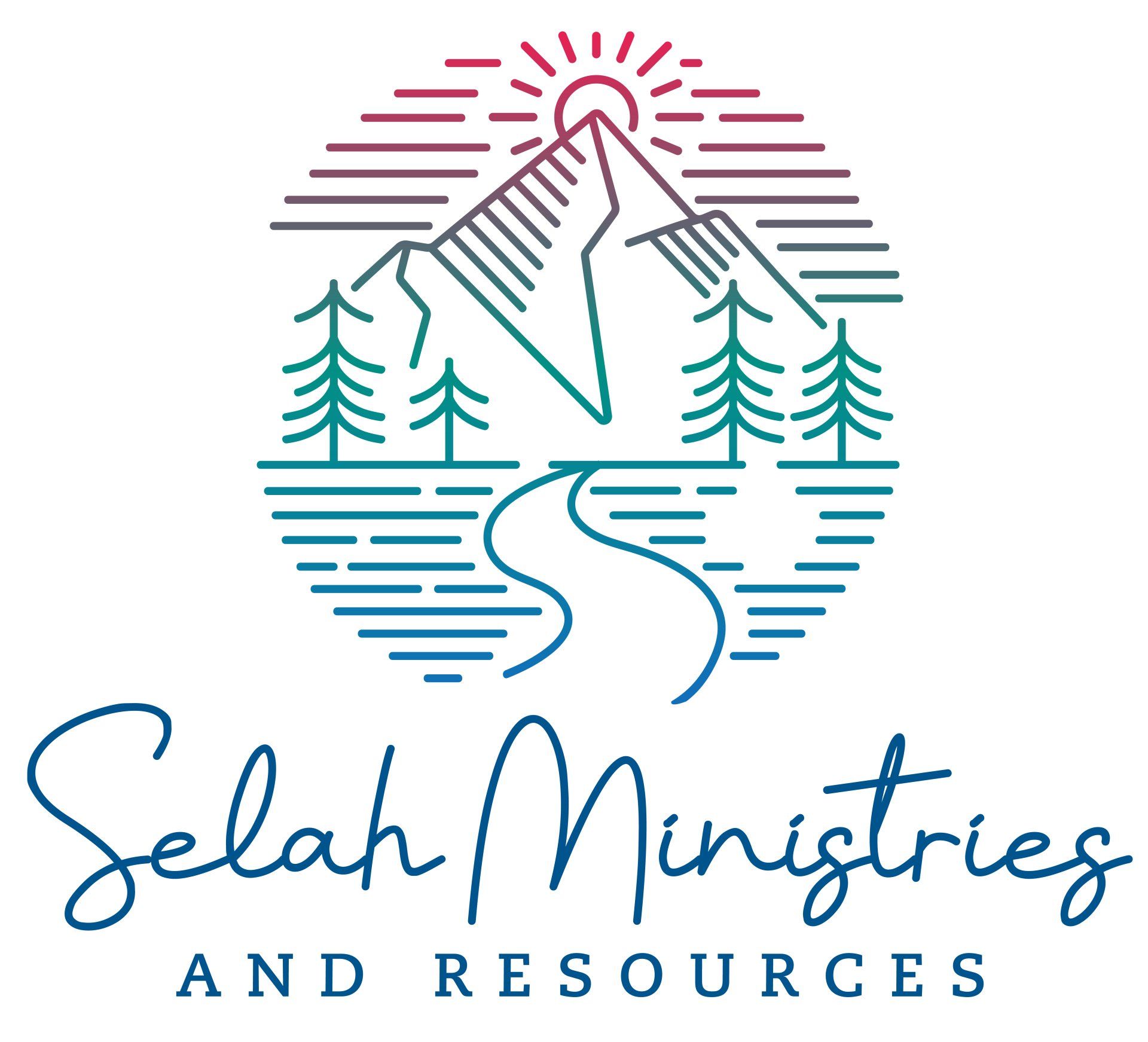 A logo for selah ministries and resources with a mountain and trees