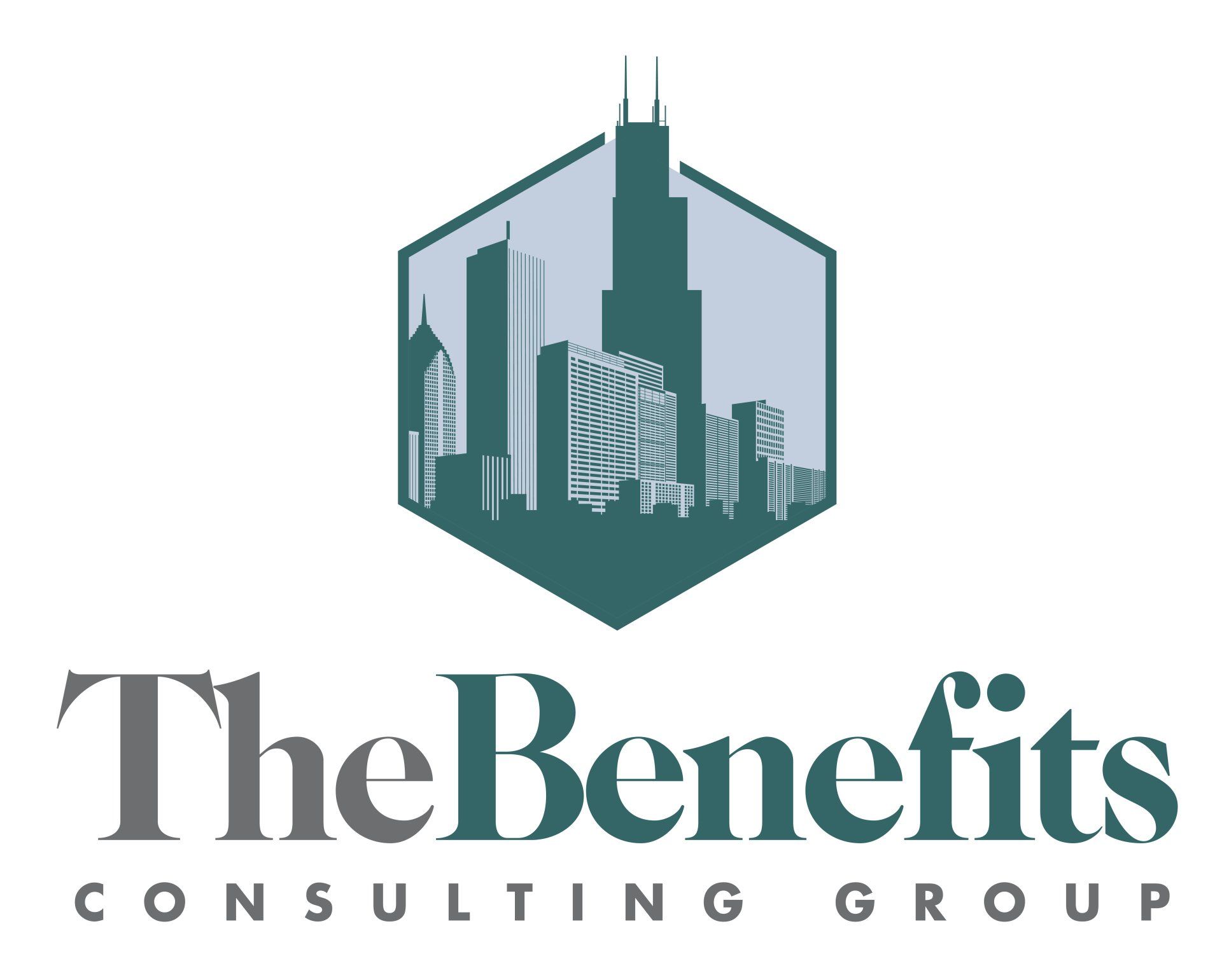 The logo for the benefits consulting group shows a city skyline in a hexagon.