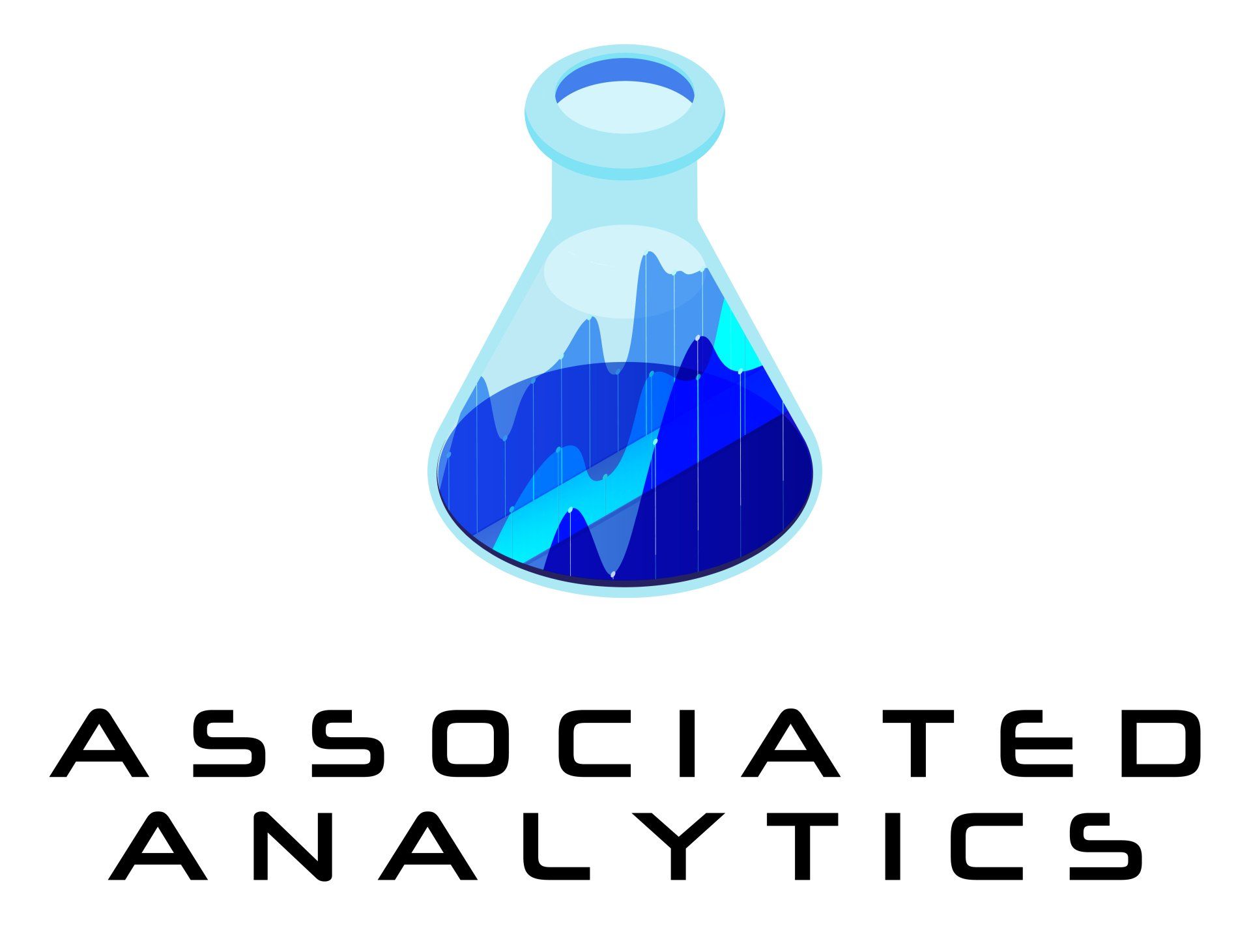 The logo for associated analytics shows a beaker filled with blue liquid.