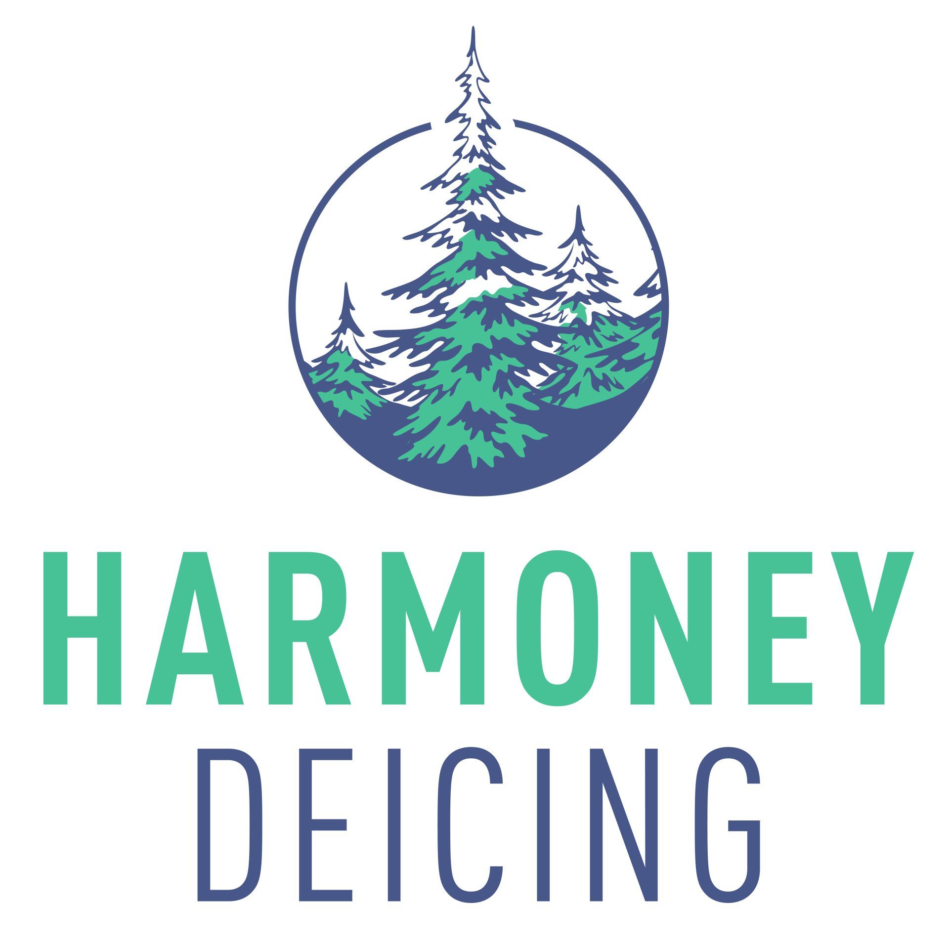 The logo for harmony deicing shows a pine tree in a circle.