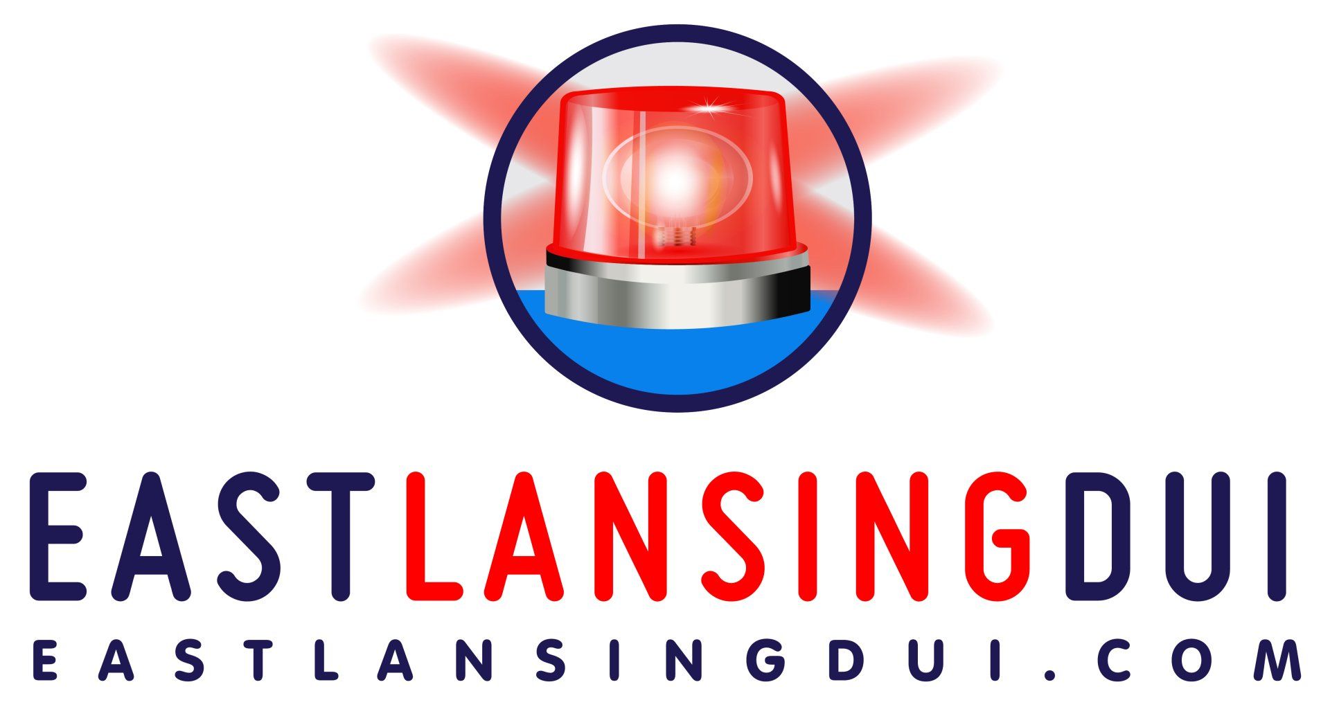 The logo for eastlansingdui.com shows a red emergency light in a blue circle.