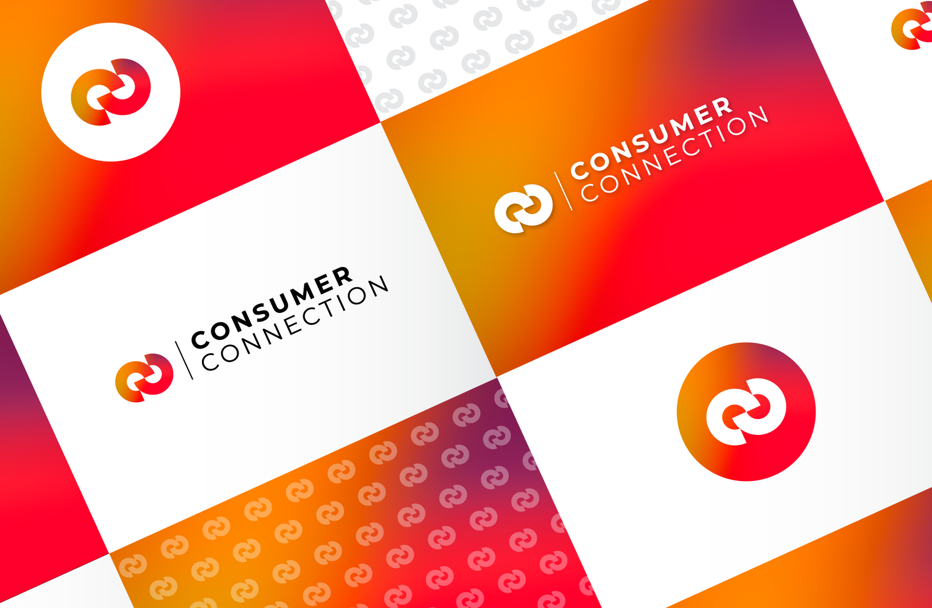 A collection of consumer connection business cards on a checkered background