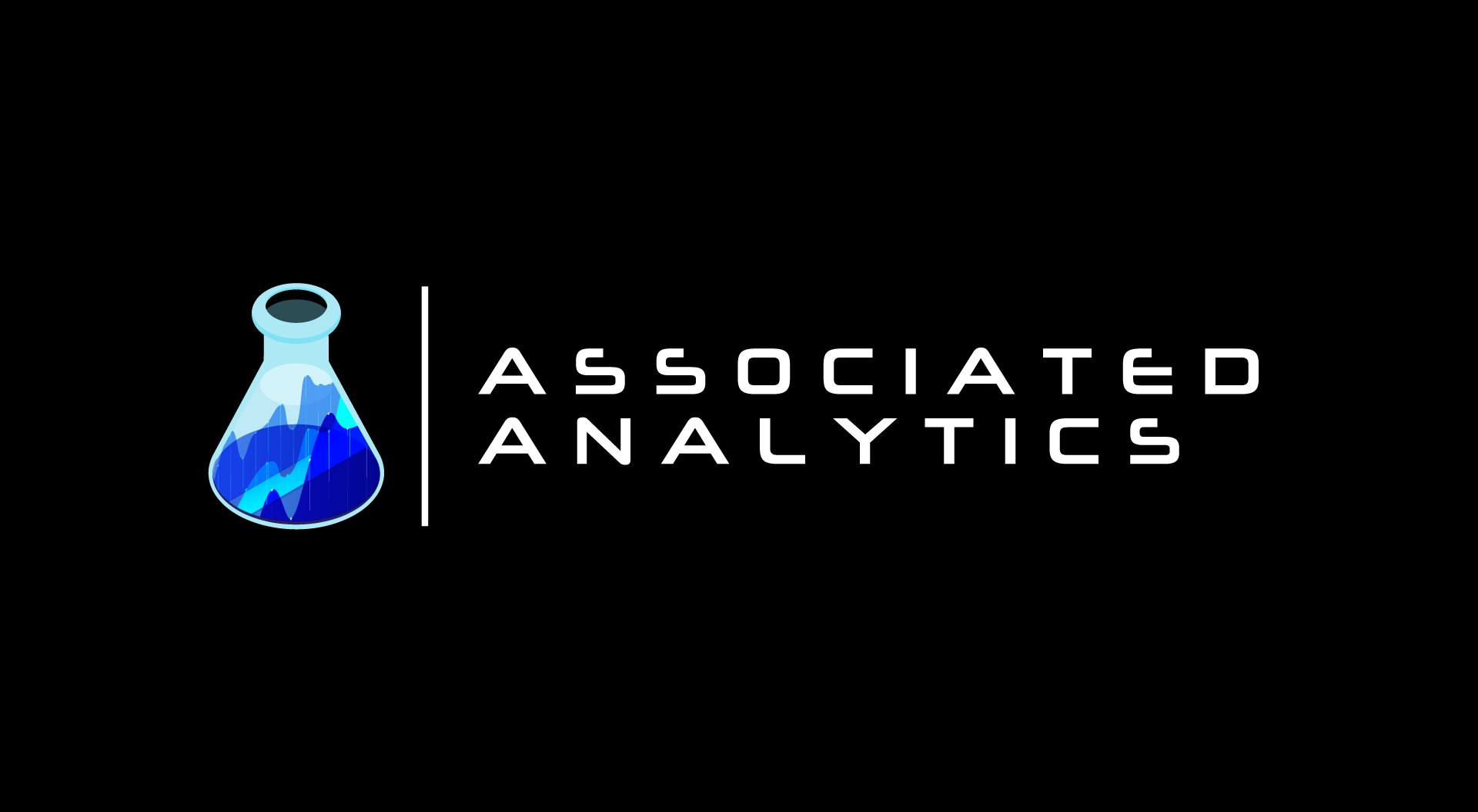 A logo for associated analytics with a beaker on a black background.