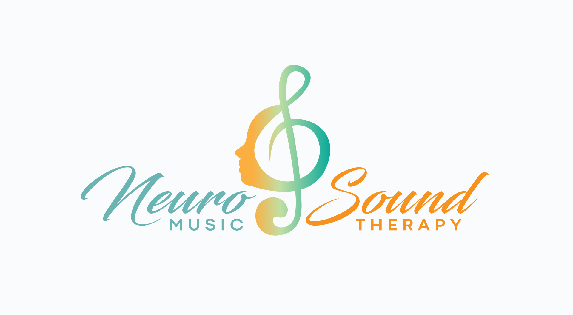 A logo for a music therapy company with a treble clef and a face.