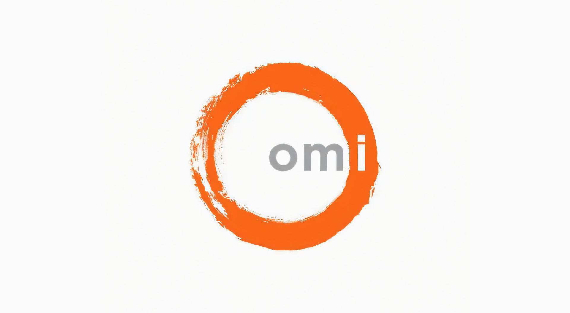 An orange circle with the word omi inside of it on a white background.