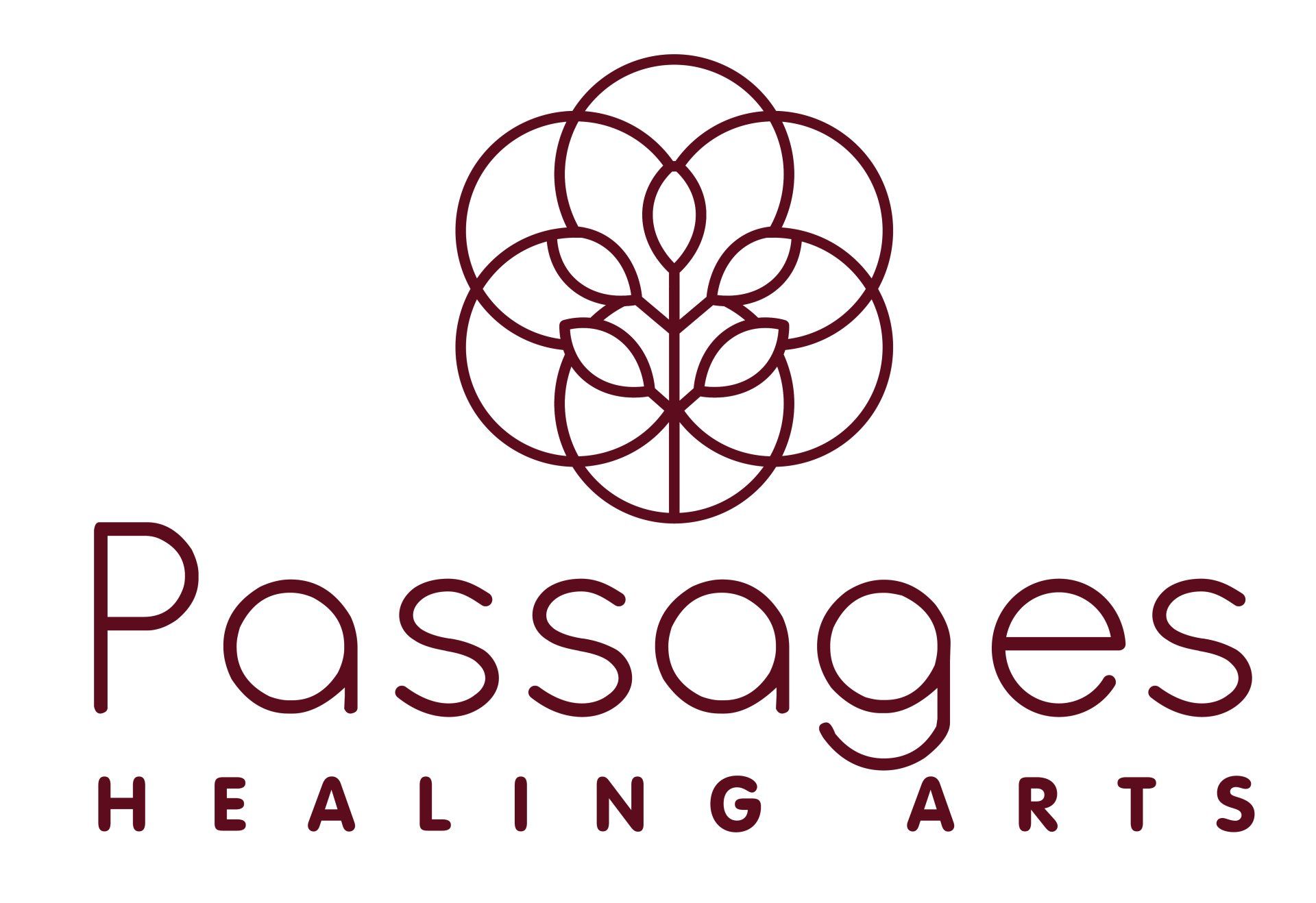 A logo for passages healing arts with a flower on it.