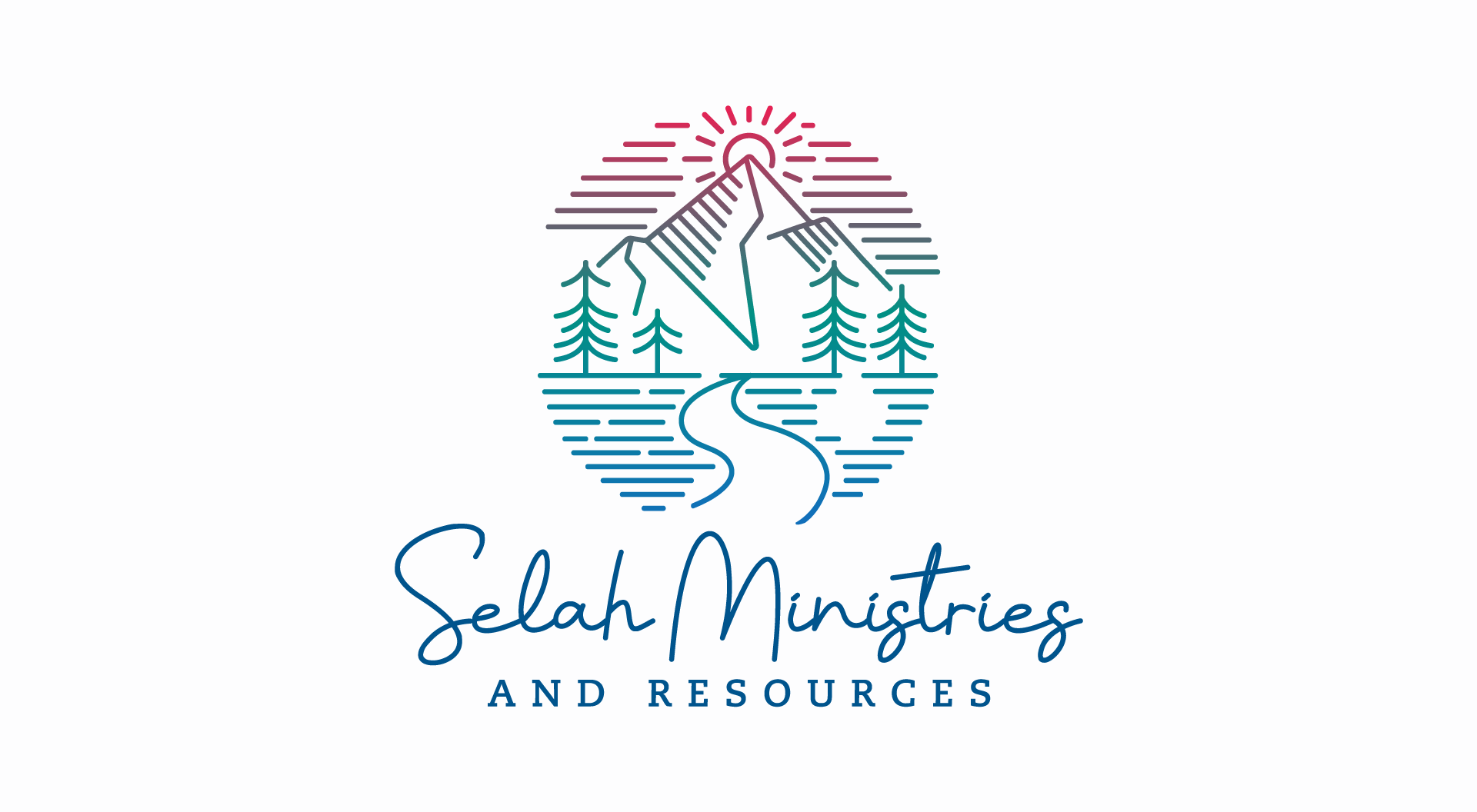 A logo for selah ministries and resources with a mountain and trees