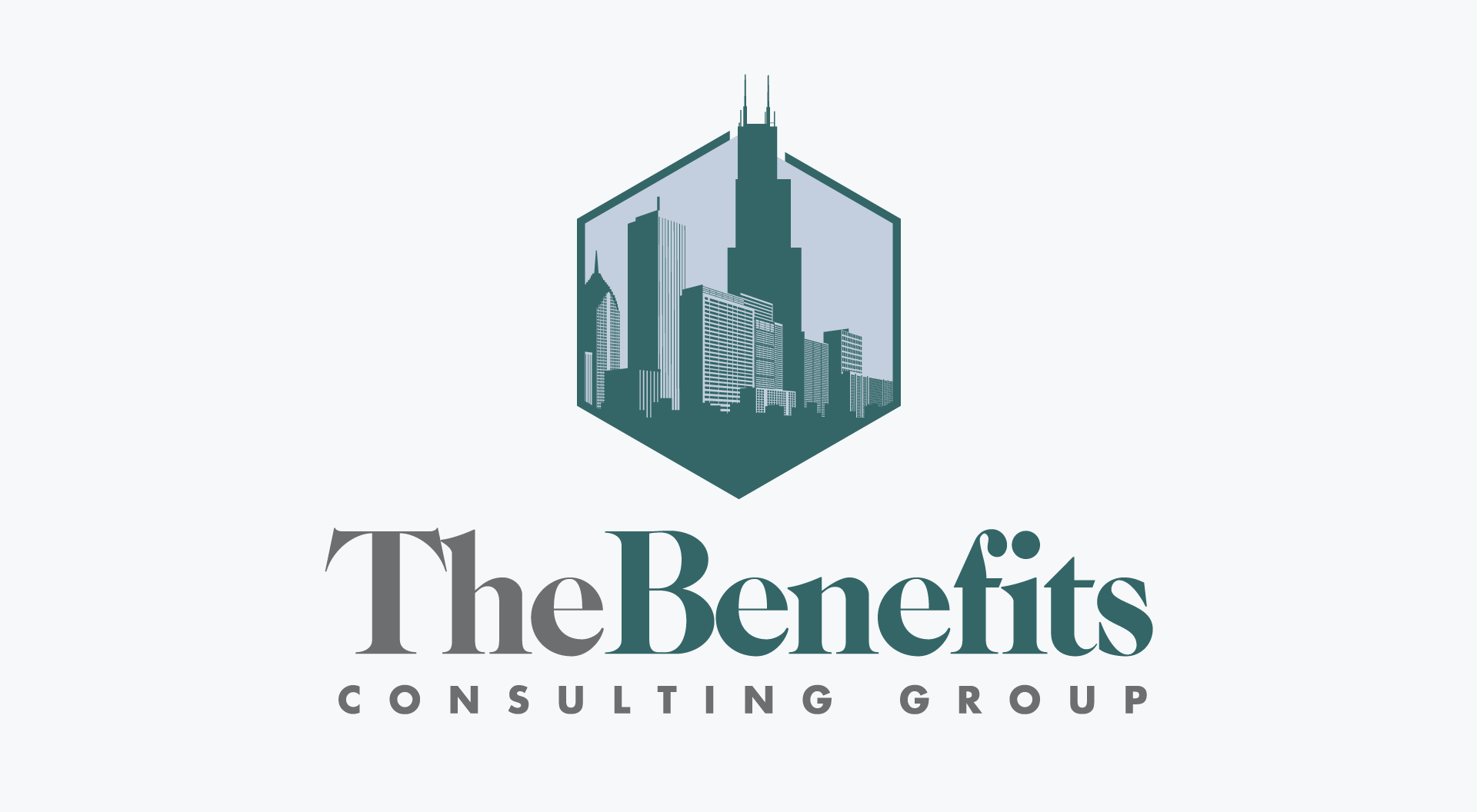 The logo for the benefits consulting group shows a city skyline in a hexagon.