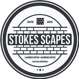 Stokes Scapes logo. Circular design with gray and white.  Text: Stokes Scapes, Landscapes, Hardscapes, Macon, Georgia, ESTD 2016.  Brick design.