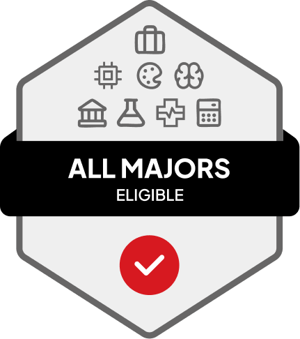 Badge with blue banner: 