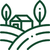 A line drawing of a house and trees in a field.