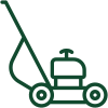 A green line drawing of a lawn mower on a white background.