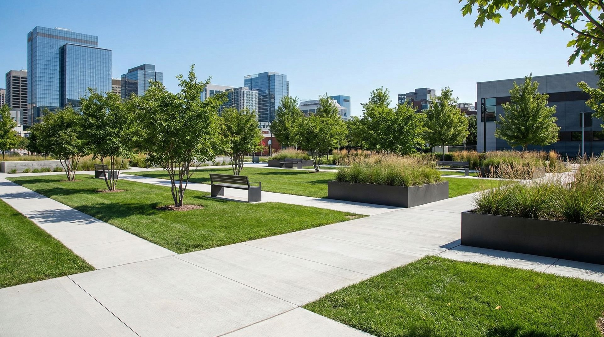 Modern urban park with green lawns, benches, and walking paths under a clear sky, city buildings in the background Modern urban park with green lawns, benches, and walking paths under a clear sky, city buildings in the background