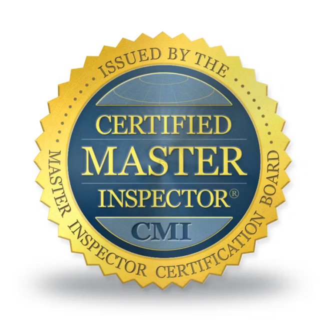 Gold and blue Certified Master Inspector badge with CMI logo and inspection board text