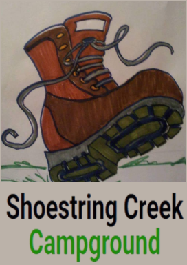 The logo for shoestring creek campground is green and black