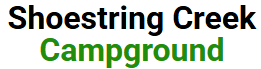 The logo for shoestring creek campground is green and black