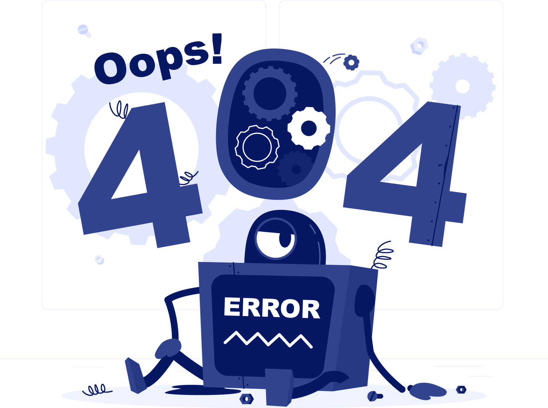 A cartoon illustration of a robot with a 404 error message.