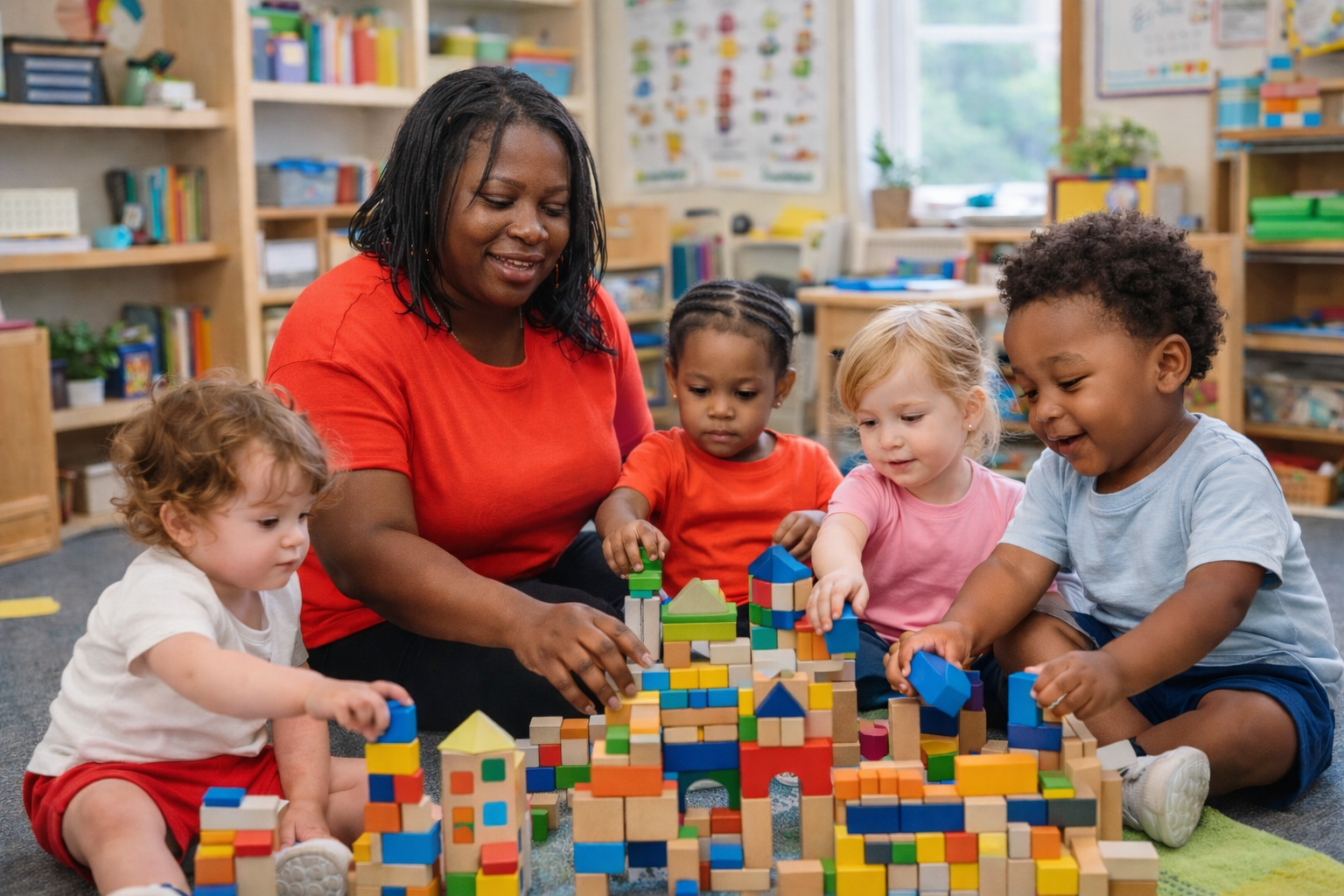 A teacher is reading a book to a group of children in a classroom.