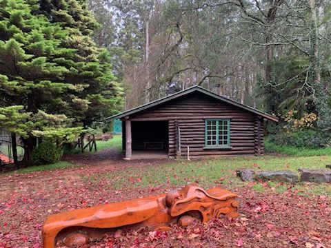 a log cabin in the middle of a forest with a wooden bench in front of it .