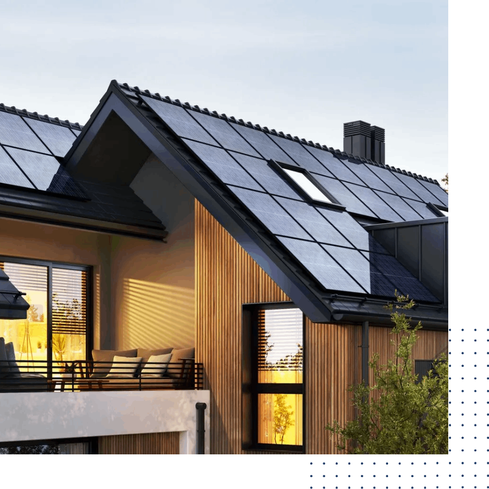 A house with solar panels on the roof and a balcony