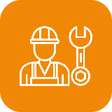 An icon of a fan with a hose attached to it on an orange background.