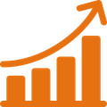 An orange bar graph with an arrow pointing up.