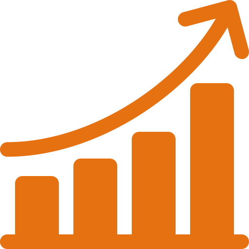 An orange bar graph with an arrow pointing up.