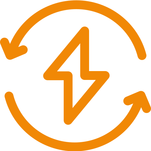 A lightning bolt is surrounded by two arrows in a circle.