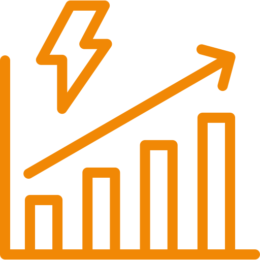 A graph with an arrow pointing up and a lightning bolt on it.