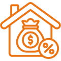 An icon of a house with a bag of money and a percent sign.