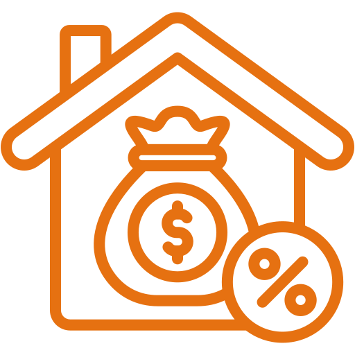 An icon of a house with a bag of money and a percent sign.