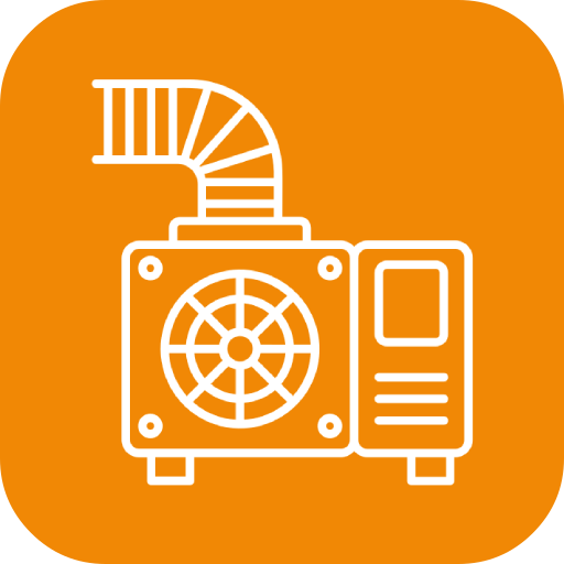 An icon of a fan with a hose attached to it on an orange background.