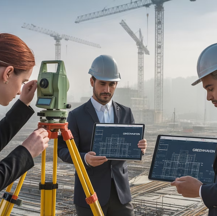 Obreros de la construcción inspeccionando un sitio, examinando planos, con grúas al fondo.