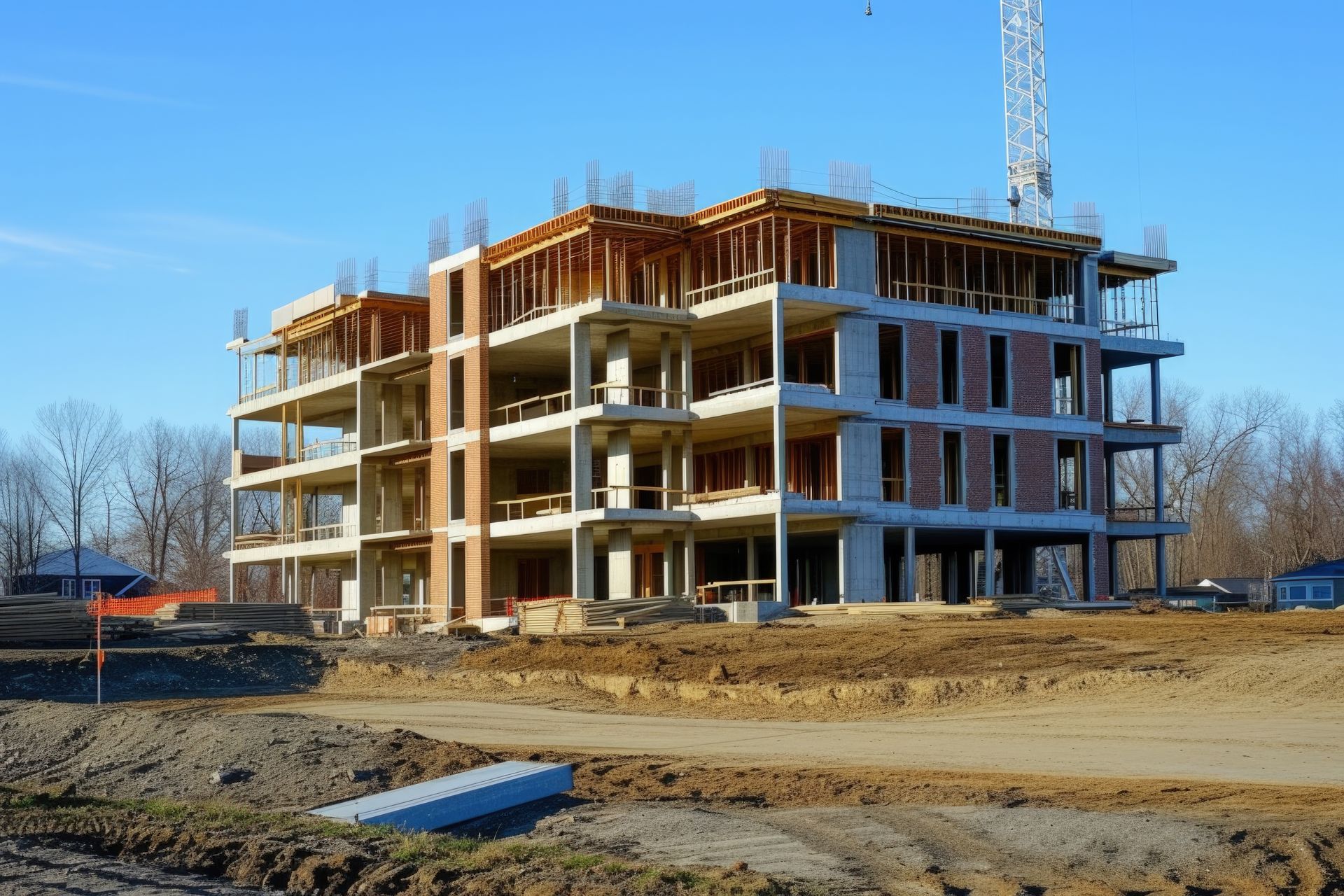 Edificio en construcción, de cuatro pisos, grúa al fondo, tierra y árboles en el entorno.