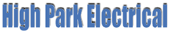 A blue logo for high park electrical on a white background