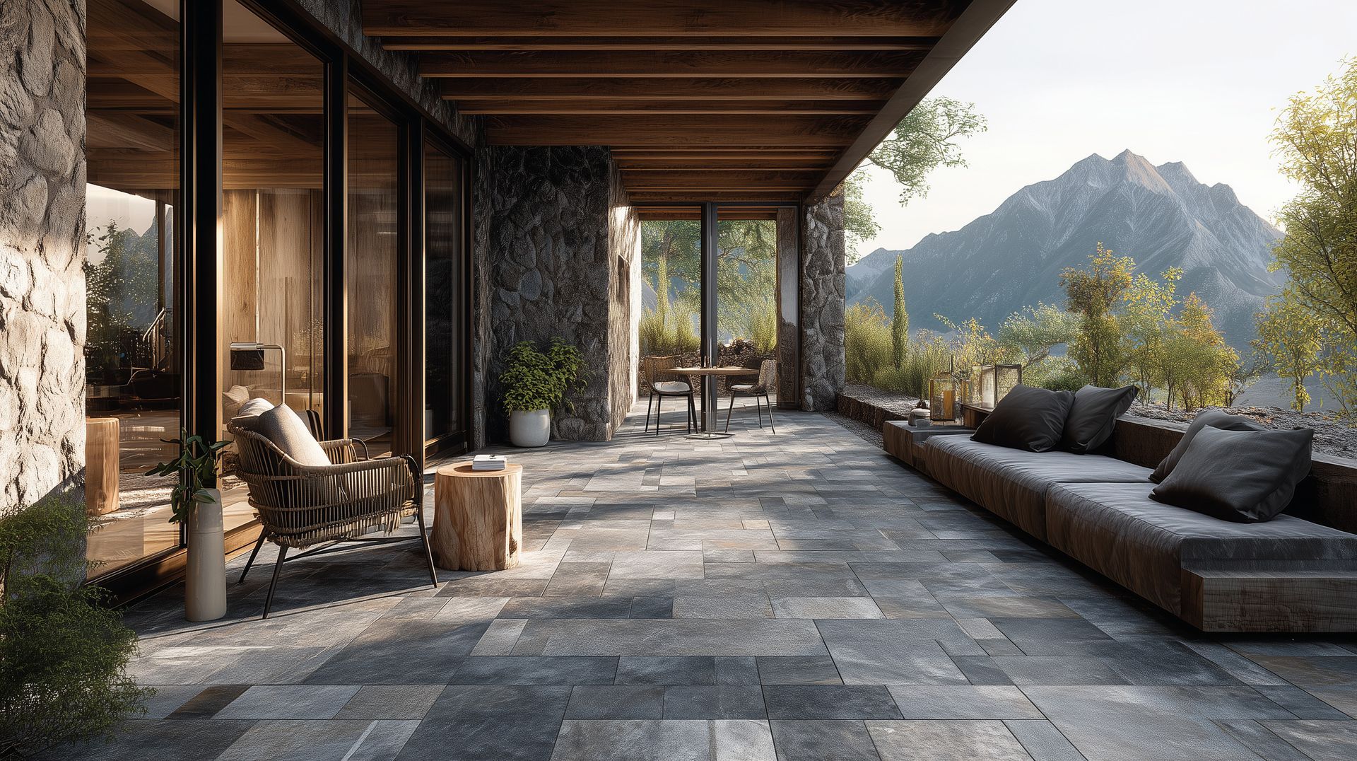 Stone patio with seating and mountain views.