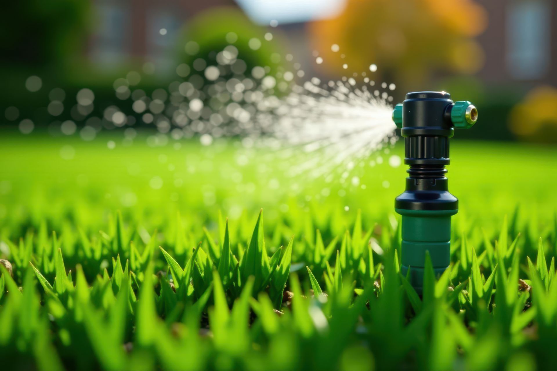 Sprinkler spraying water on green grass in a sunny lawn.