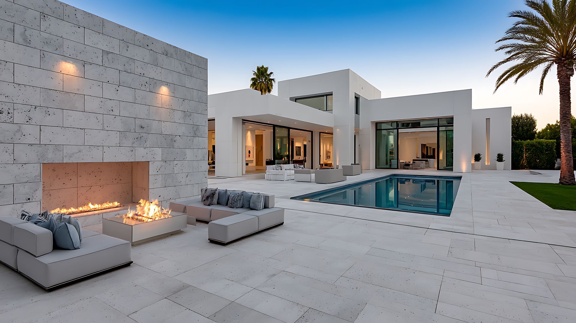 Modern white home with a pool, outdoor fireplace, and palm tree.