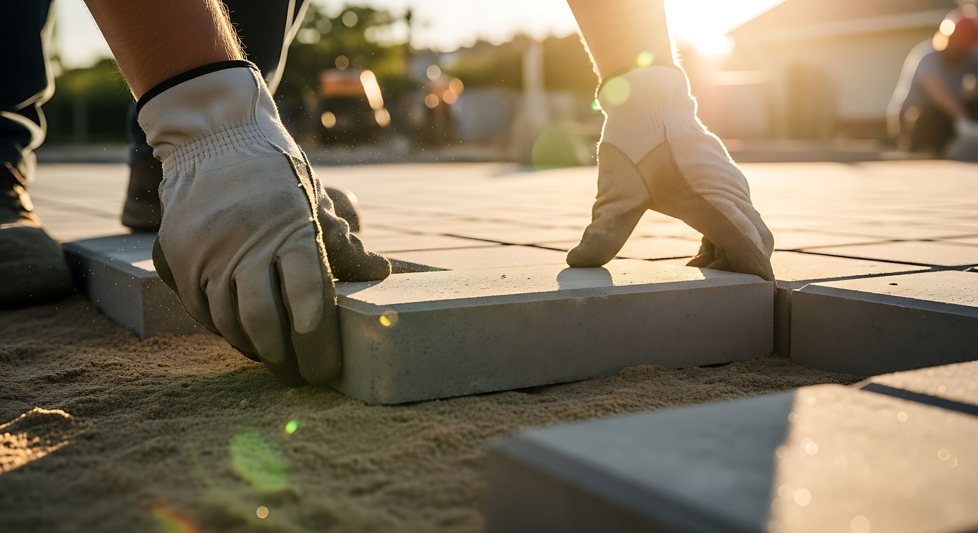 Hands wearing gloves placing gray bricks on sand for a patio. Sunlight.