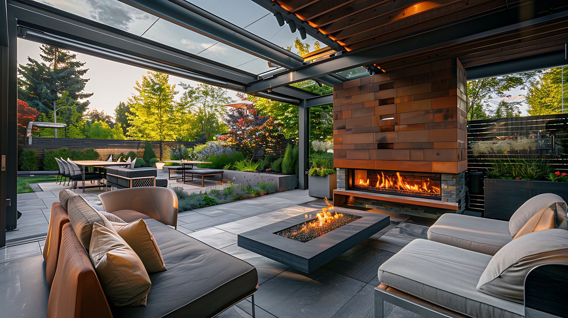 Outdoor patio with fireplace, couches, dining area, and lush greenery.
