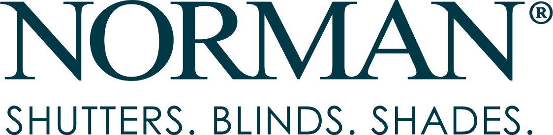 Logo for Norman: Shutters, Blinds, Shades, in teal with the registered trademark symbol.