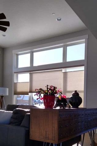 Living room with large window, neutral shades, and a table with plants and decor.